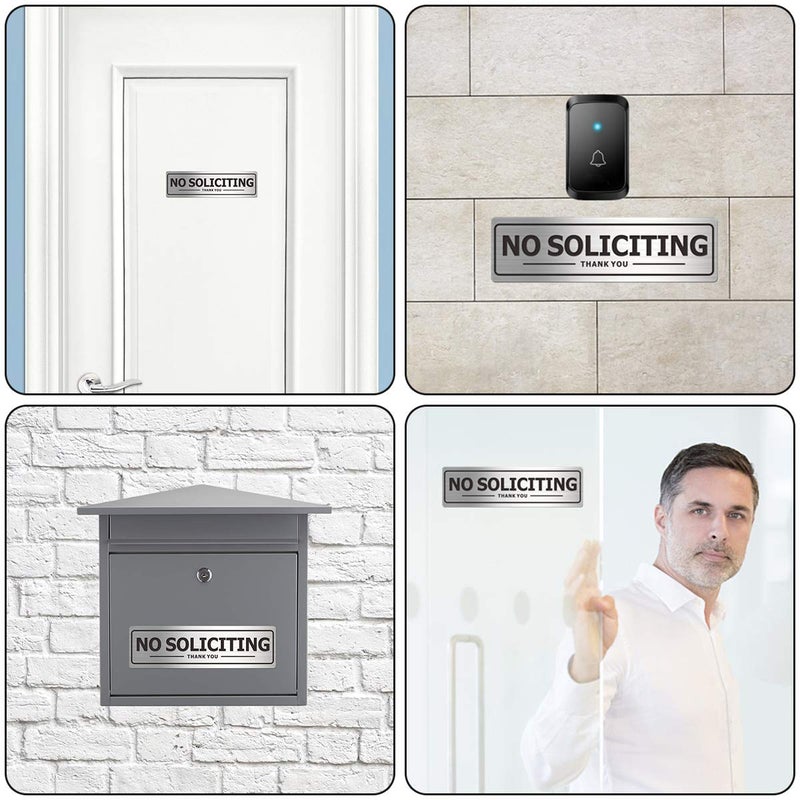 MongFun No Soliciting Sign for House, Metal Self-Adhesive Signs for Door Wall, Aluminum Soliciting Signboard for Business Office Home (4 Pack, 7Ã—2 inches) - Image 4